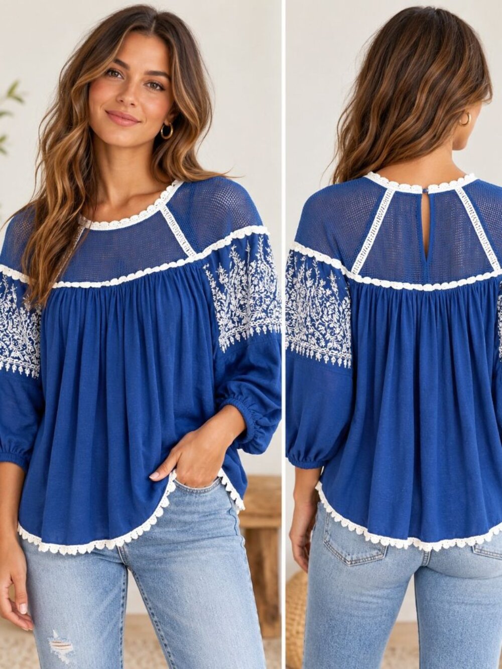 Free People Embroidered Mesh Boho Blouse Blue Size M